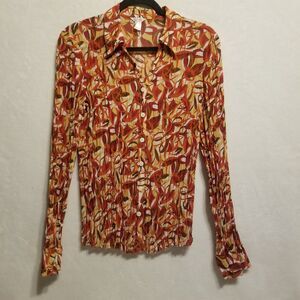 Christopher & Banks XL Top Crinkle Button Up Sheer Orange Leaves Autumn Fall